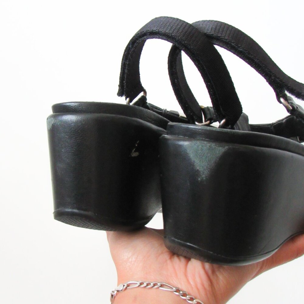 PRADA 90’s VINTAGE Black Sporty Open Toe Platform Sandals W/Metal Buckles Size-9 - Picture 7 of 14